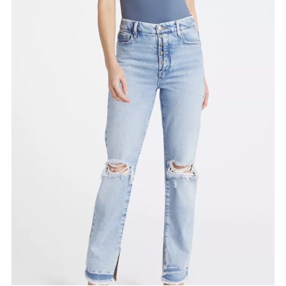 Good American Good Boy Jeans Distressed Side Slit High Rise Buttons